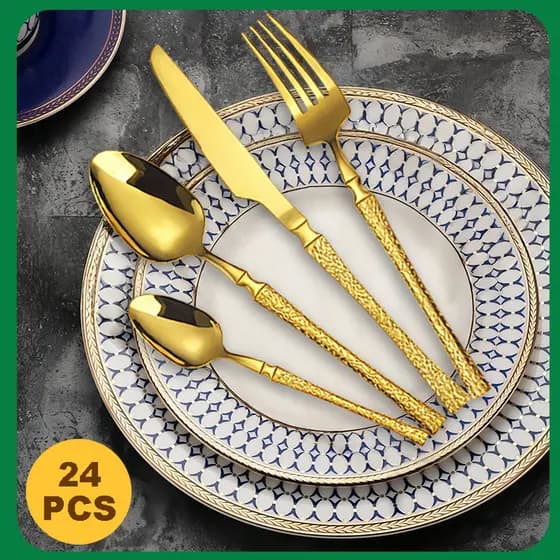 Dourado Exótico Kit 24 Jogo De Talheres Aço Inoxidável Talheres Com Textura De Casca Com suporte