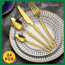 Dourado Exótico Kit 24 Jogo De Talheres Aço Inoxidável Talheres Com Textura De Casca Com suporte