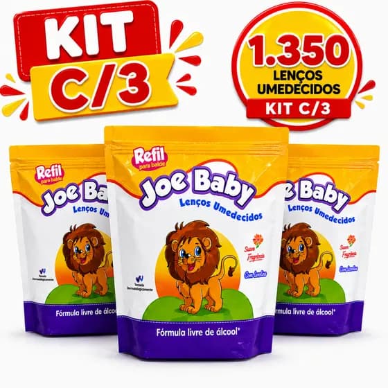 Kit Refil De Lenços Umedecidos Joe Baby Com 450 Unidades Cada 1.350 Unidades