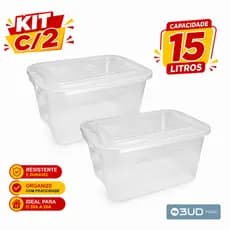 Caixa Organizadora Plástica 15 Litros com Tampa Transparente Kit com 2 Unidades 3UD Multiuso