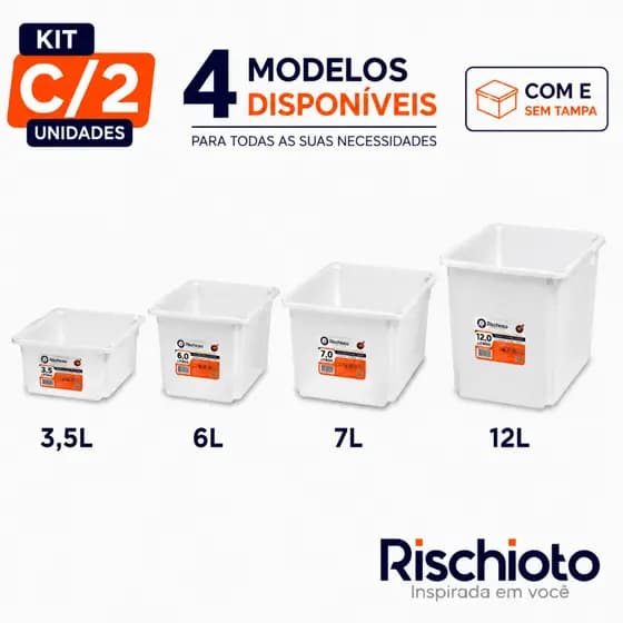 Caixa Organizadora Branca Empilhável Açougue Rischioto Kit C/2 3,5L 6L 7L 12L Com e Sem Tampa