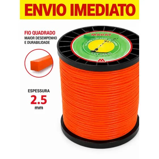 Fio de Nylon Quadrado 2,5mm 250 Metros 2kg Para Roçadeira Laranja
