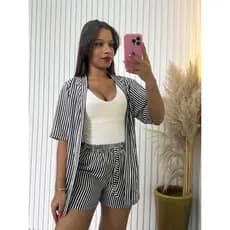 Conjunto Feminino Listrado Kimono e Short 2 Peças Casual Chic Elegante Moda Verão Premium