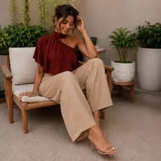Calça Pantalona Duna Elegance Feminina Cintura Alta com Elástico e Bolso