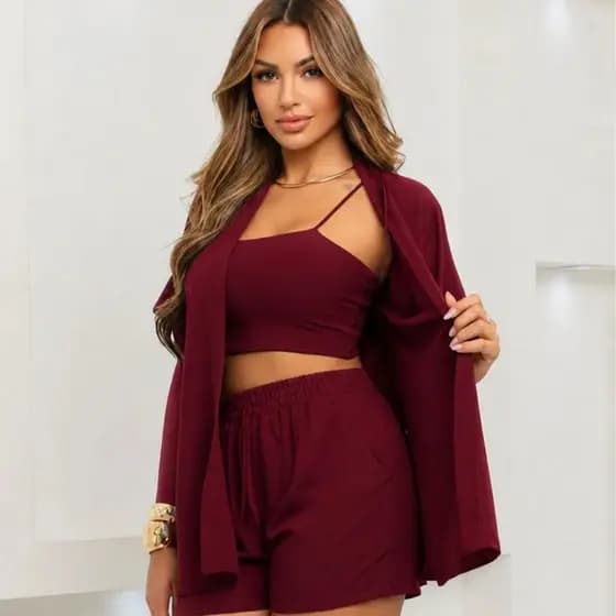 Conjunto Feminino 2 Peças Kimono Alongado Short Cintura Alta Casual Chic Elegante