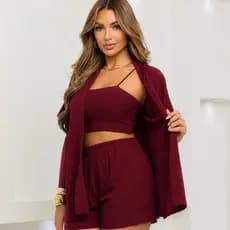 Conjunto Feminino 2 Peças Kimono Alongado Short Cintura Alta Casual Chic Elegante