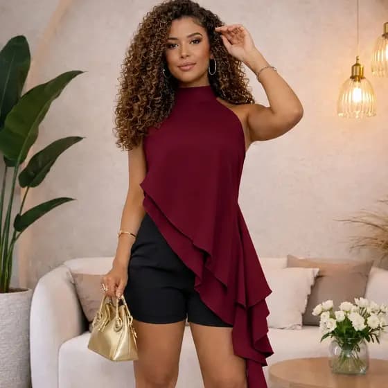 Blusa Feminina Assimétrica Gola Alta Elegance Premium