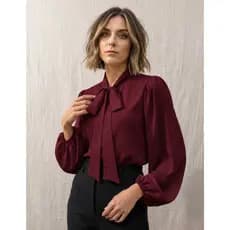 Blusa Feminina Social Gola Laço Manga Longa Elegante