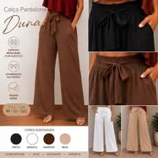 Calça Pantalona Feminina Wide Leg Social Tecido Duna Cintura Alta com Elástico e Bolso