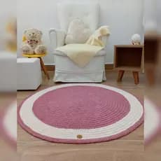 Tapete de Crochê Redondo Rosa Chá Fio Duplo Lavável Quarto Infantil Menina Decoração Boho Chic Mimos Presente