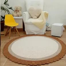 Tapete Redondo Crochê Infantil Quarto Bebê Fio 100% Algodão Duplo Macio Caramelo Areia Off White