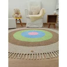 Tapete De Crochê Redondo Infantil Com Franja Boho Chic 120cm Quarto Bebê Maternidade Fio Duplo Algodão Lavável