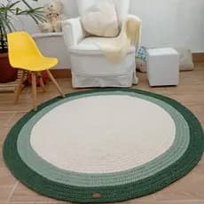 Tapete Crochê Redondo Quarto Bebê Enxoval Maternidade 100% Algodão Fio Duplo Encorpado Menino Verde Militar Floresta Off