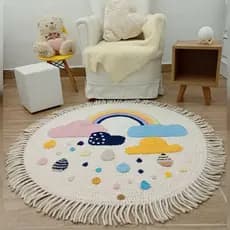 Tapete De Crochê Infantil Redondo Com Franja Fio Duplo Algodão Enxoval Bebê Menina Menino Arco-Iris Quarto Montessoriano