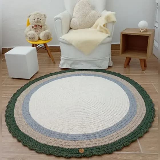 Tapete de Crochê Redondo Sala Quarto Boho Algodão Fio Duplo Premium Encorpado Macio Luxo Off White Verde Militar Bege