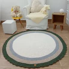 Tapete de Crochê Redondo Sala Quarto Boho Algodão Fio Duplo Premium Encorpado Macio Luxo Off White Verde Militar Bege