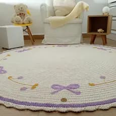 Tapete Infantil Redondo Crochê Quarto Menina Lilás Off White Luxo