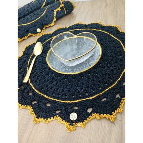 Jogo Americano Sousplat de Croche Luxo 43cm - Kit 4 Pecas Preto e Dourado