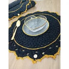 Jogo Americano Sousplat de Croche Luxo 43cm - Kit 4 Pecas Preto e Dourado