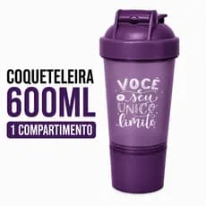 Coqueteleira Roxa Shaker Academia 600ml Porta Suplemento Fitness Compartimento Antivazamento