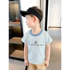 Influenciador Roupas Infantis 2026 Verão Novo Estilo Versão Coreana Camiseta Infantil de Manga Curta Listrada Gola Redon