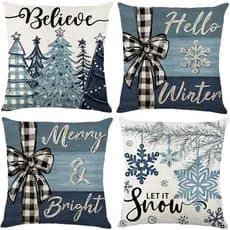 Conjunto de 4 capas de almofada de Natal 18x18 polegadas, capas de almofada de inverno com flocos de neve azuis, capas d