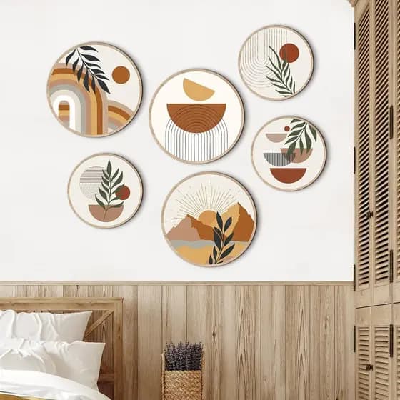 Geetery6PcsDecoraçãoBohoParaParedeDecoraçãoDeMadeiraParaSalaDeEstarDecoraçãoBoêmiaRedondaGeométricaSolArteEmMadeira10"8"