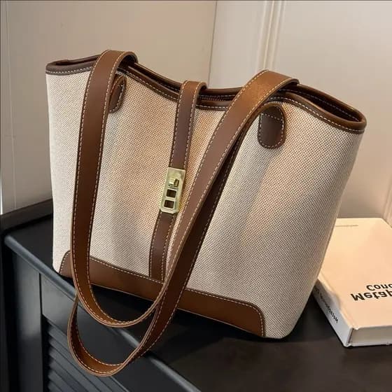 Nova bolsa tote feminina da moda, bolsa de ombro com design em cores contrastantes, bolsa casual versátil de grande capa