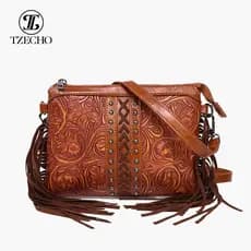 Nova bolsa boêmia com franjas, bolsa transversal, bolsa de ombro, bolsa pequena feminina de couro PU estampado de alta q