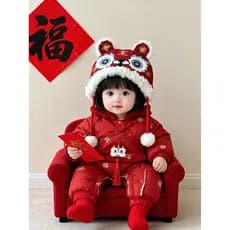 Bebê roupas de ano novo macacão bebê menina roupas de inverno Fu personagem bordado forro de lã grosso roupas de algodão