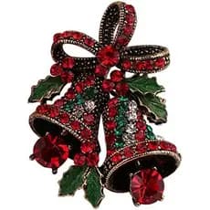 Broche Vintage De Sinos Duplos Com Laço De Natal Folhas Verdes E Strass Coloridos Para Mulheres
