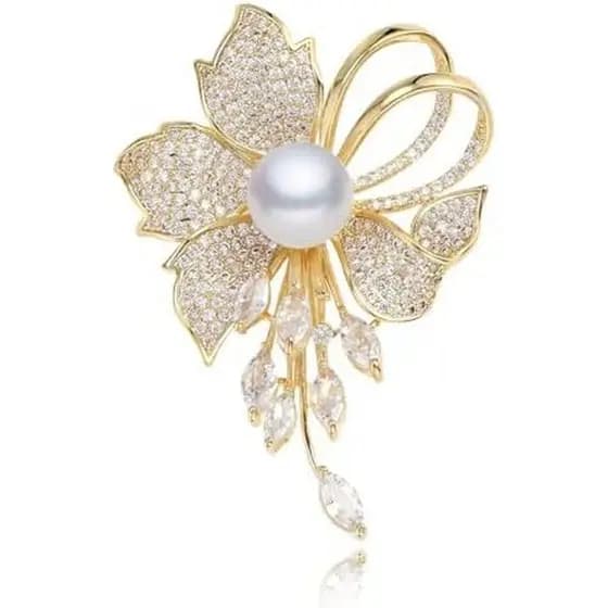 Broche De Flor De Pérola Dourada Para Mulheres , Alfinete Floral De Cristal Com Strass Pendurados , Casaco Elegante Vest