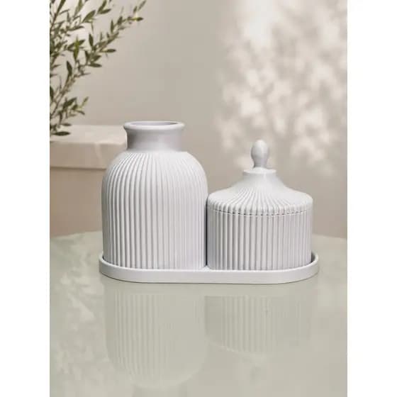 Kit vaso e pote Decorativo com Bandeja | Vaso + Pote Decorativo para Sala e Lavabo