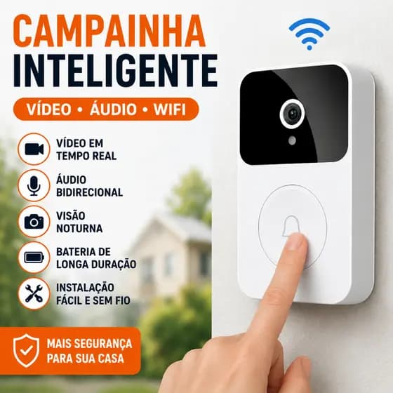 Campainha Inteligente WiFi Sem Fio com Câmera Vídeo Chamada Remota Áudio Bidirecional Visão Noturna