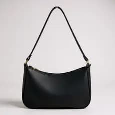 Bolsa de ombro feminina estilo baguete, bolsa em formato de lua com detalhes dourados e fecho de zíper.
