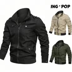 Jaqueta Casual Masculina de Manga Longa com Gola Alta e Bolso com Zíper