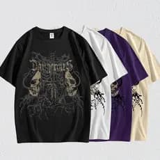 Camiseta masculina de algodão com estampa de caveira gótica, gola redonda e mangas curtas