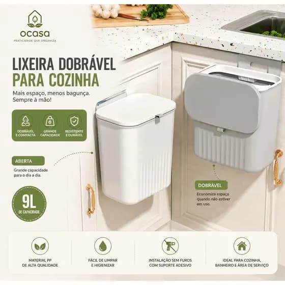 Lixeira Suspensa Multiuso 9L Com Tampa Retrátil Sem Furo Porta Armário Para Cozinha Banheiro