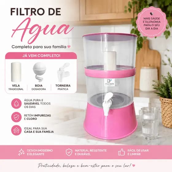 Filtro de Água Compacto Duchen 7,5L Rosa – Completo com Vela Cerâmica e Boia Dosadora