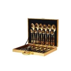 Jogo de Talheres 24 Peças Inox com Acabamento Dourado