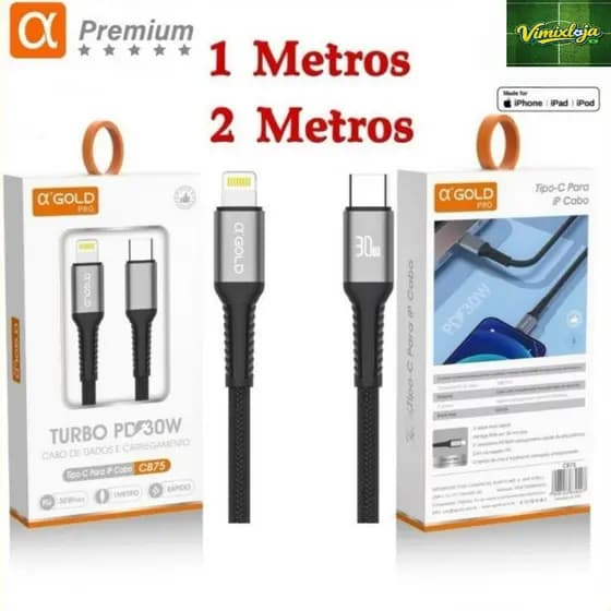 Cabo de iPhone Turbo 30W PD USB C Para Lightning Qc 4.0 A'GOLD Carregamento Rápido
