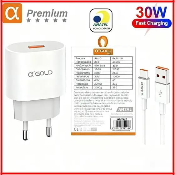 Kit Carregador 30W Turbo 6.1A USB + Cabo tipo c Carregamento rápido A’Gold