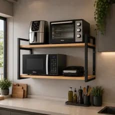 Prateleira de Parede 60cm Suporte Air Frier Microondas Forno Nicho Industrial Impressora Aço Madeira