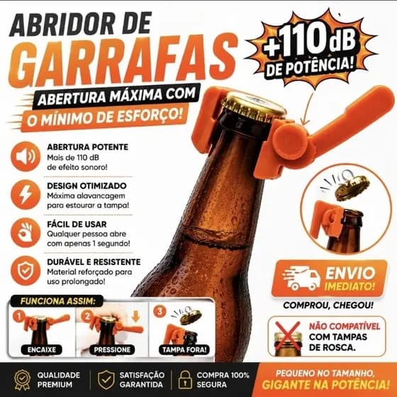 Abridor de Garrafas Turbo Boom +110dB Super Barulhento Divertido Abre Tampinhas em 1 Segundo