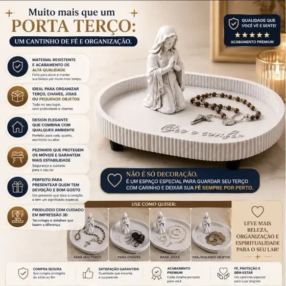 Porta Terço Nossa Senhora com Bandeja Decorativa Organizador Católico para Altar Mesa Oração