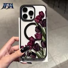 1 peça aleatória, 2DFlat Retro Roxo Escuro Cor Tulipa Padrão Capa de telefone traseira transparente, adequada para iphon