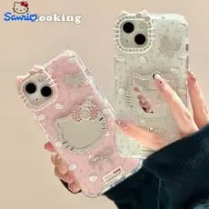 Linda capa de telefone espelhada Hello Kitty, incrustada com laço de strass, projetada para Apple 17 Pro Max/Iphone 16/1