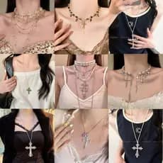 Europeu americano único cruz colar gargantilha escuro doce legal quente estilo menina Multi-camada borla longo Halter pe