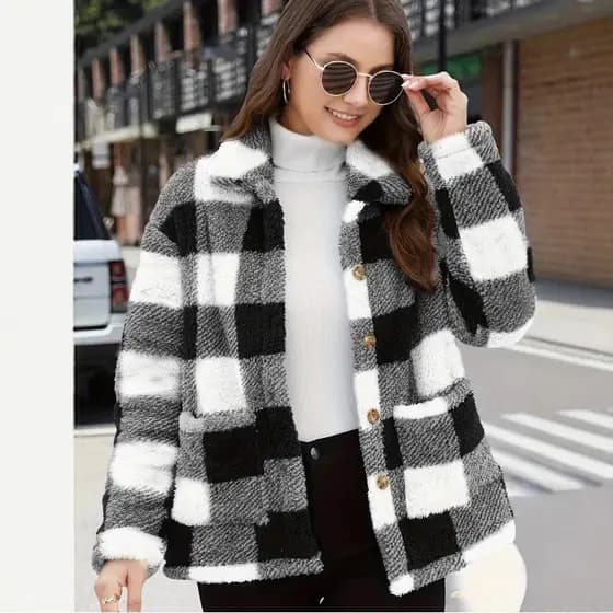 [Estilo de Inverno] Winter Fashion Plaid Long-Sleeved Casual Jacket Jaqueta/Quadriculada/Feminina/Inverno
