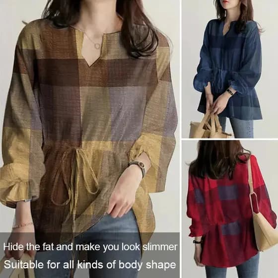 [Design Moderno] Blusa Xadrez Feminina para Escritório/Camisa Solta/Moda OL/Tecido Leve